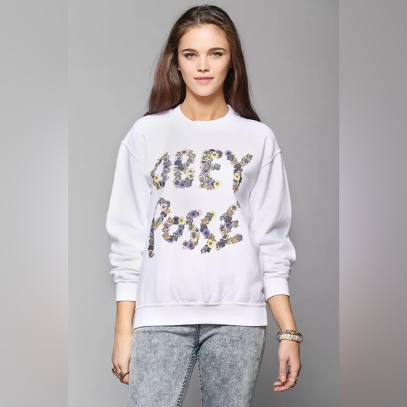 Obey posse white floral crew neck sweater - Picture 1 of 4
